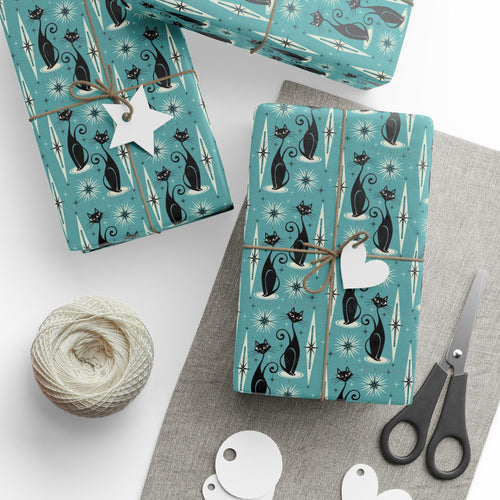Atomic Kitty Wrapping Paper, Purrfect for Cat lovers, Mid Century Modern Black Cats Retro Style